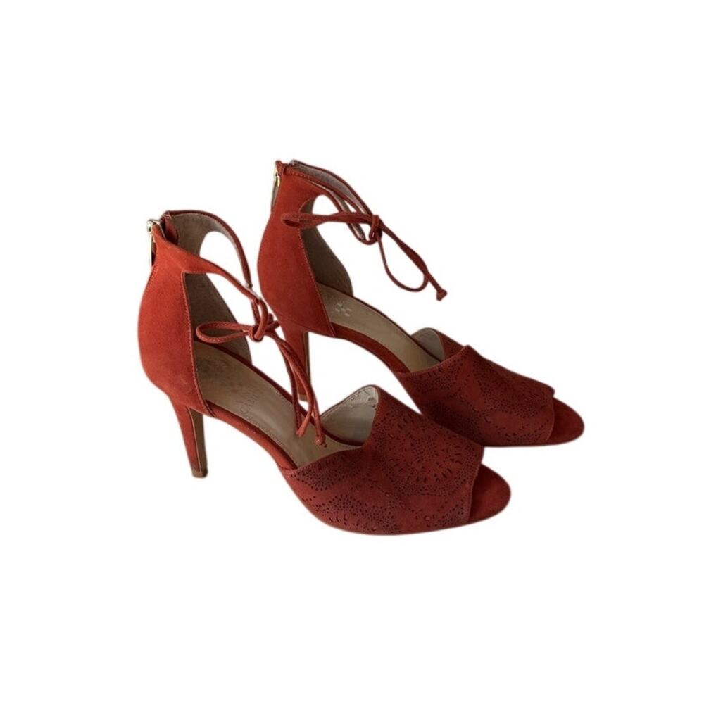 Vince Camuto Cayleen Peep Toe Suede Heels Rust Orange Ankle Tie 8.5